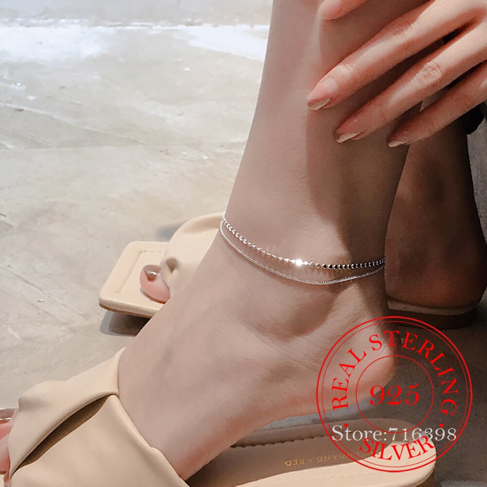 Leg Bracelet 925 Sterling Silver New Trendy Double Layer Round Anklet Bracelet Female Simple Temperament Sexy Hot Chain Jewelry