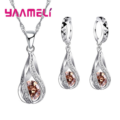 Hot Water Drop CZ 925 Sterling Silver Jewelry Set For Women Pendant Necklace Hoop Earrings Wedding Party