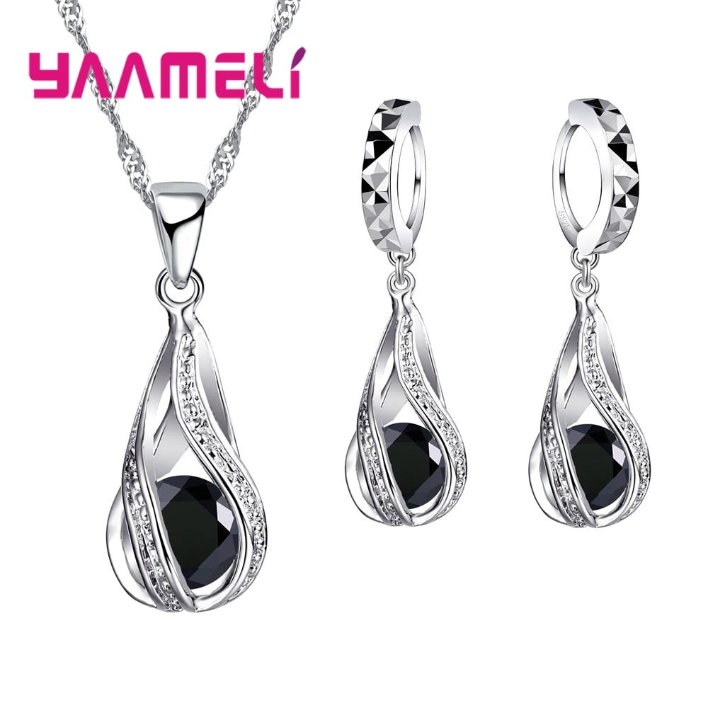 Hot Water Drop CZ 925 Sterling Silver Jewelry Set For Women Pendant Necklace Hoop Earrings Wedding Party