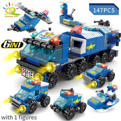 6IN1 City Fire Car Police Truck Engineering Crane Building Blocks Tank Helicopter Bricks Set Toys for Children Kids